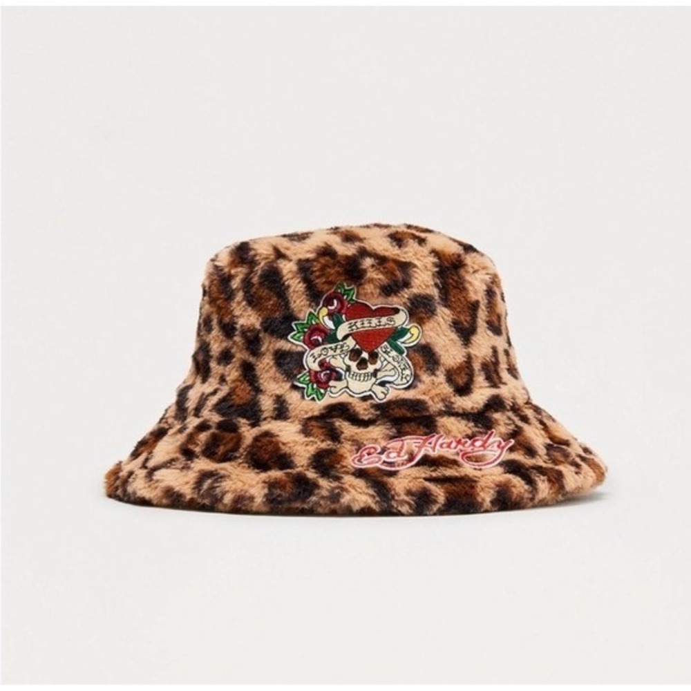 Ed‎ Hardy Leopard Print Bucket Hat Faux Fur Skull Rose Logo